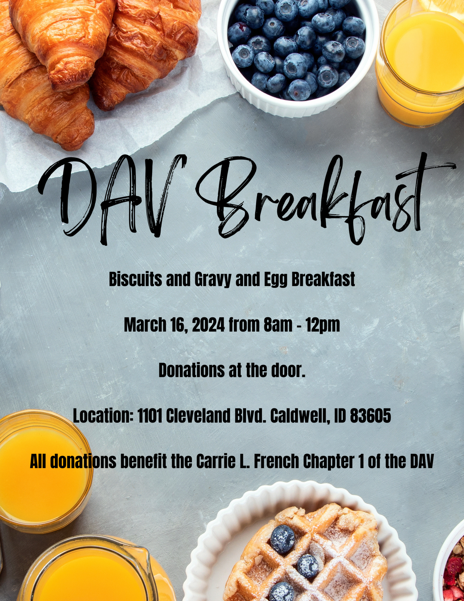 DAV Breakfast March 16, 2024 8am-12pm at Caldwell Veterans Memorial Hall